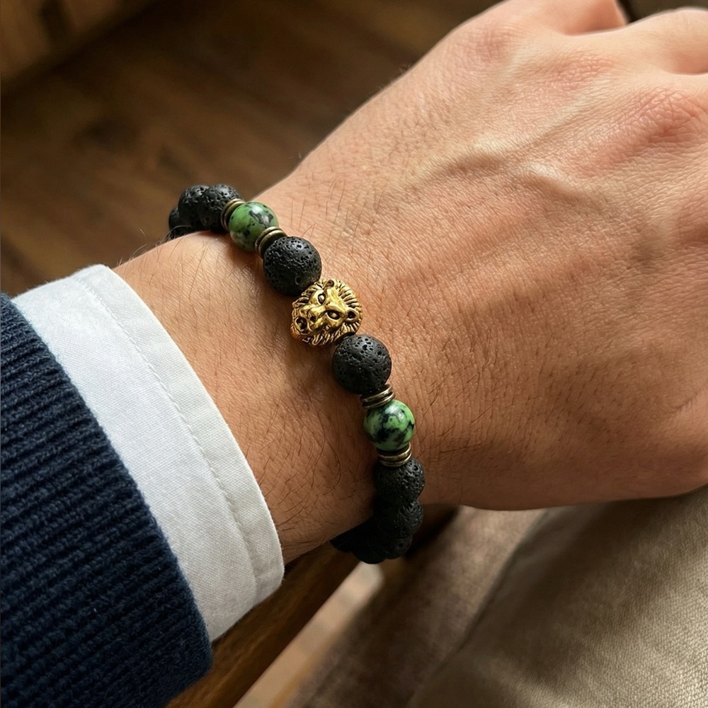 Men's Black and Green Beaded Bracelet with Gold Accent